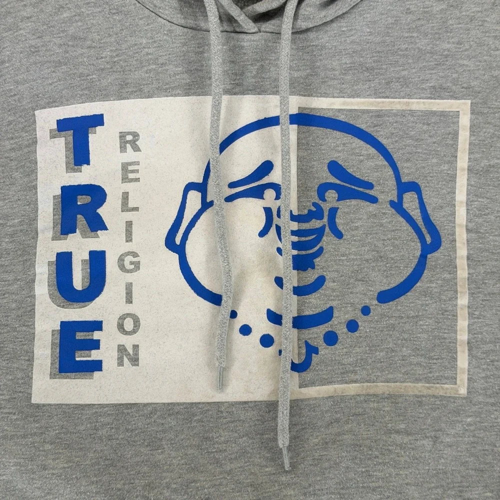True Religion Hoodie Mens L Rect Two Tone Gray Buddha Graphic EUC